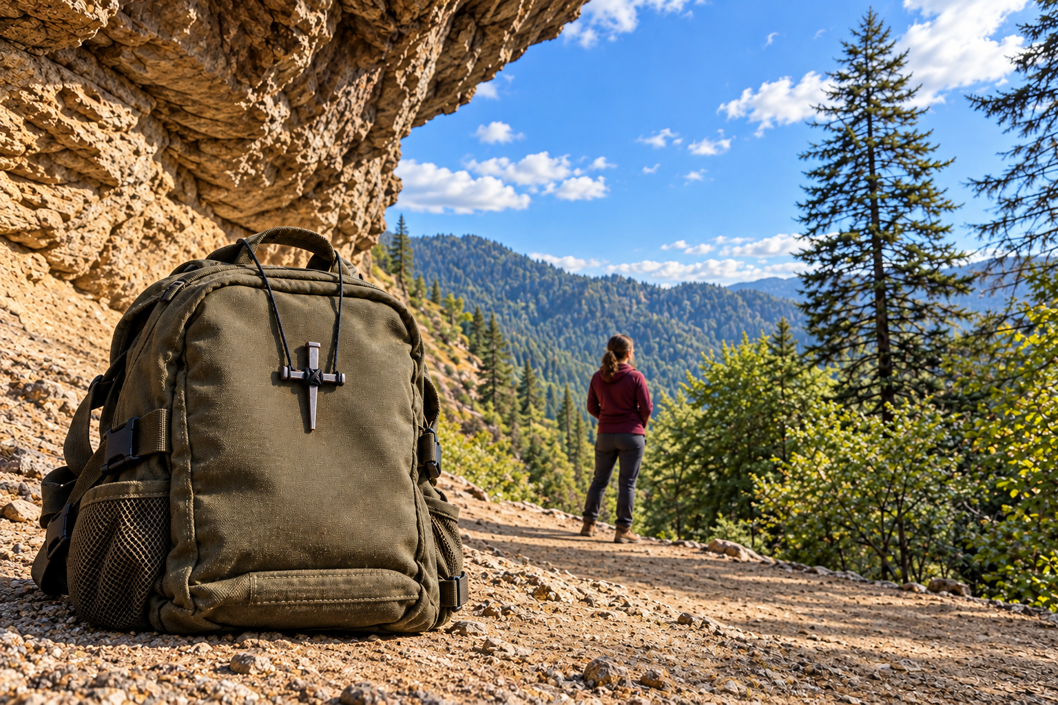 Nail cross on an olive backpack beneath a rock overhang, with a hiker enjoying the mountain view