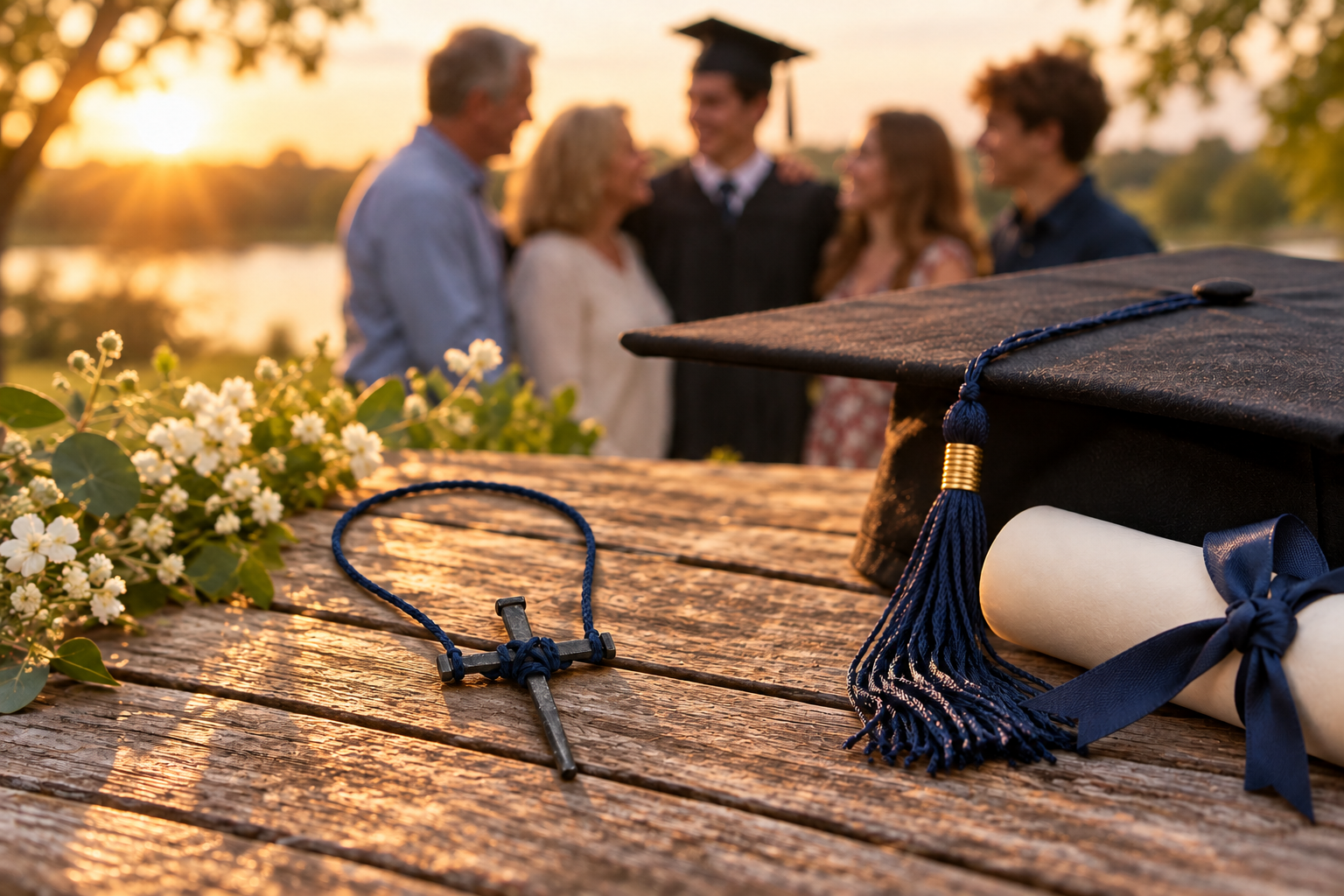 Blue-cord nail cross resting on a wooden table beside a graduation cap and diploma, with a celebrating family beyond