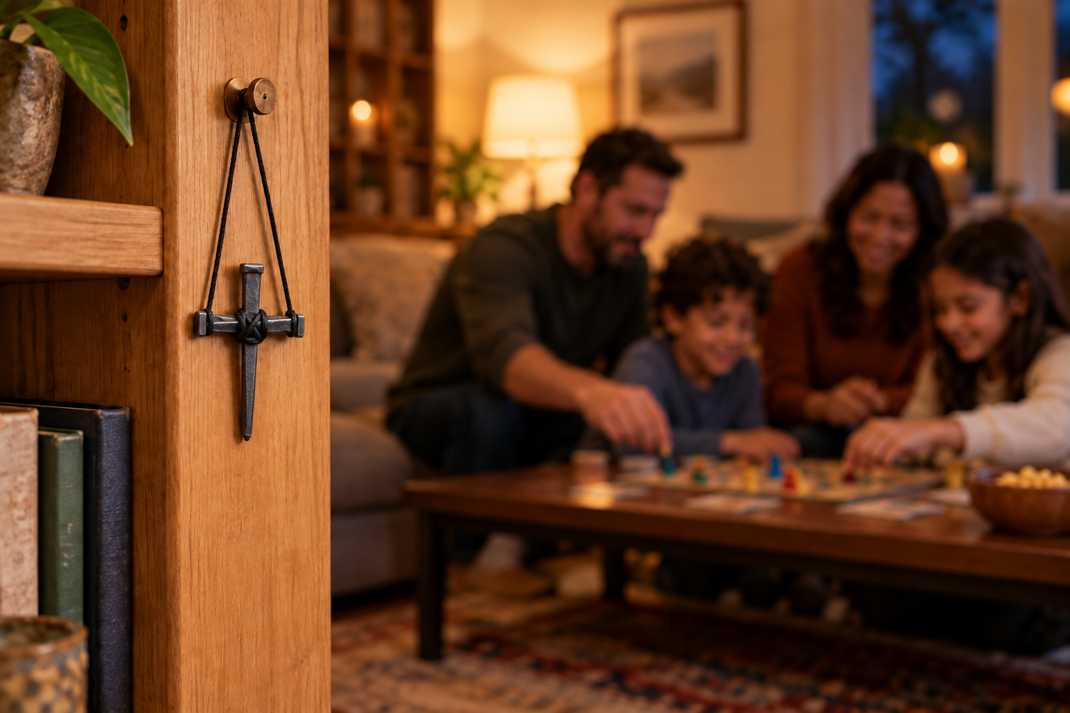 Nail cross hanging from a bookcase while a family enjoys a board game together