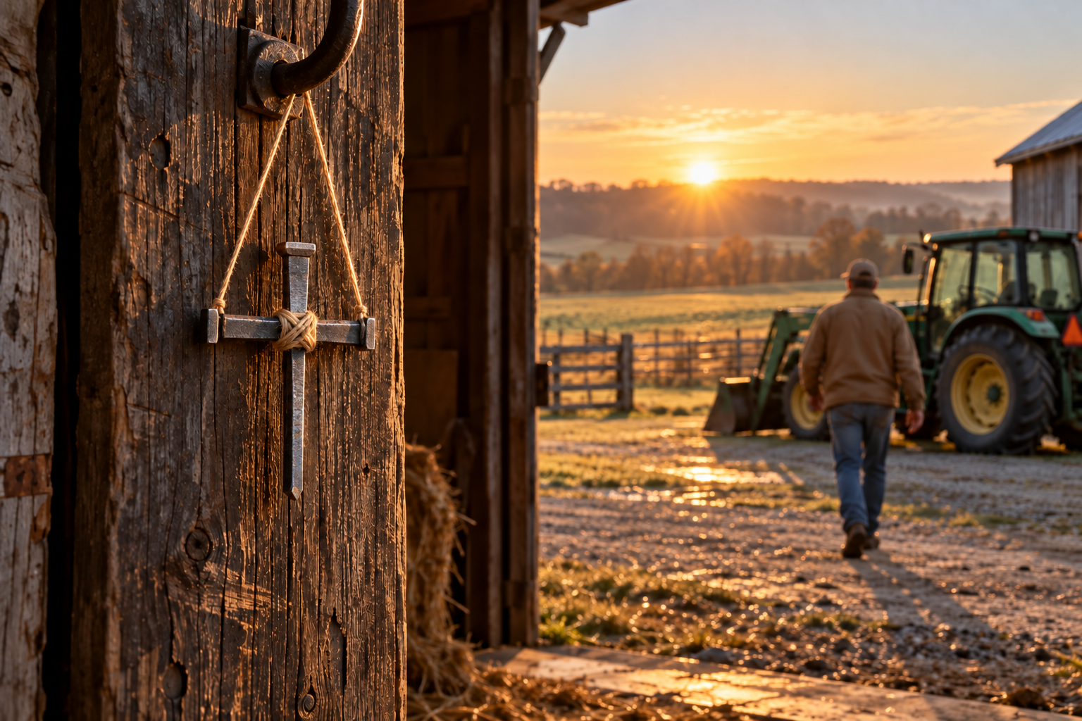 Tan-cord nail cross hanging in a barn doorway as a farmer walks toward a tractor at sunrise